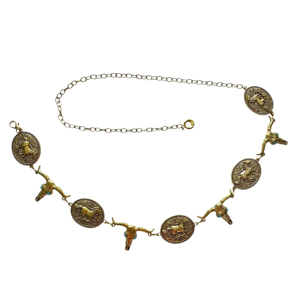 Turquoise Longhorn Skull Chain Belt Western Boho Statement‎ Cowboy Rodeo concho - Picture 6 of 9